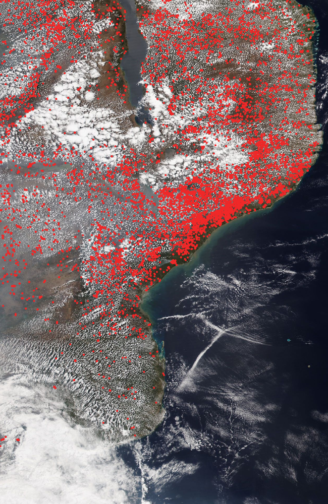Satellite view of Mozambique with NOAA-20 VIIRS thermal-anomaly markers
