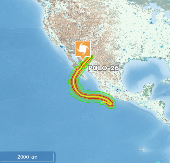Forecast track graphic for Hurricane Polo over the eastern Pacific and western Mexico.