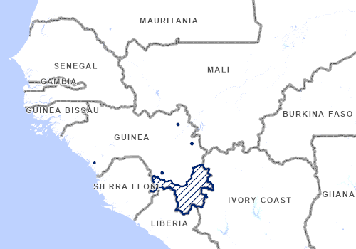 GDACS map of Guinea and neighbouring countries with reported and modelled flood areas marked for event FL 1104178