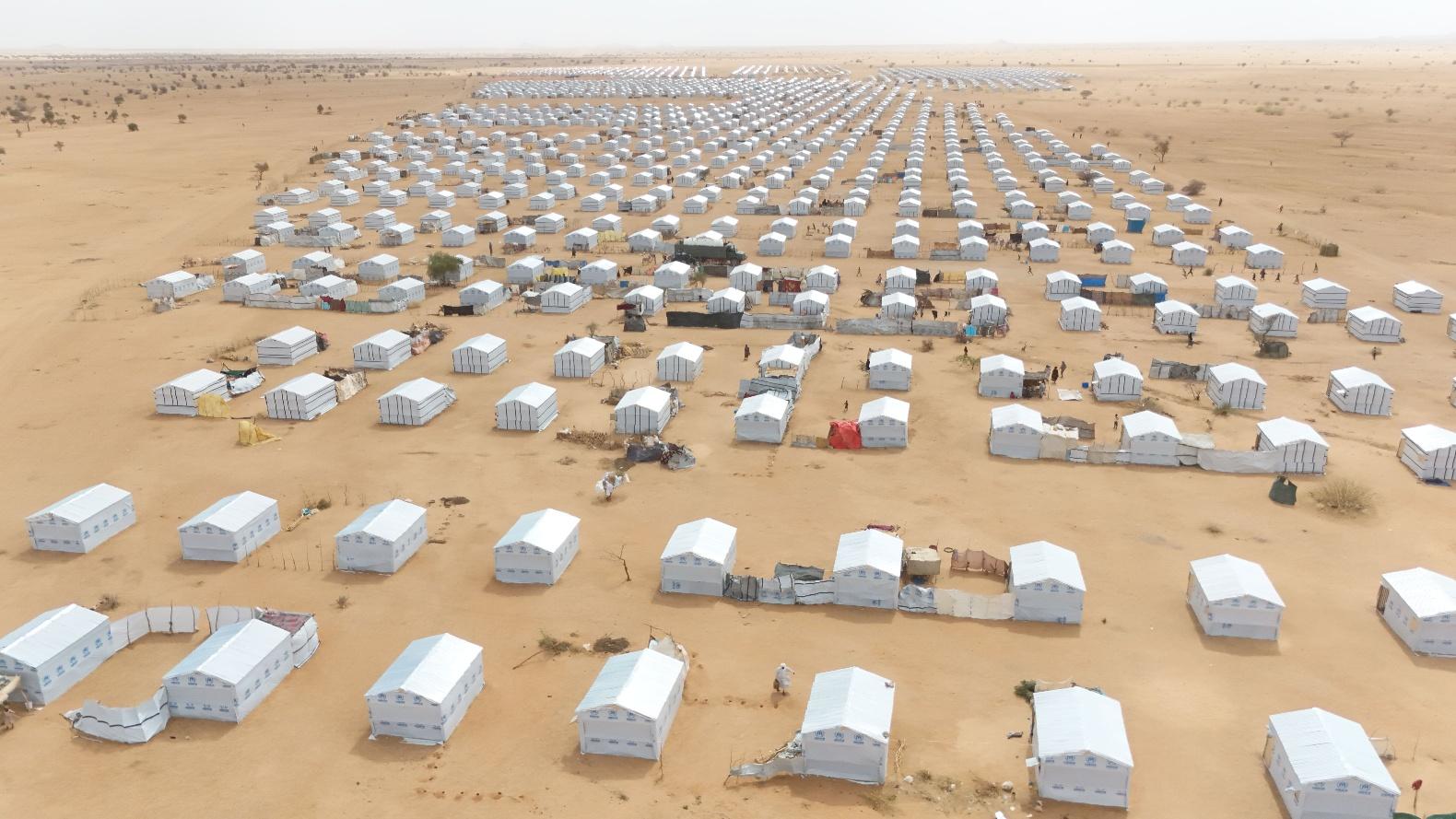Aerial view of newly constructed refugee shelters at the Ouré-Cassoni extension site in eastern Chad